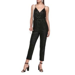 Express Black Sequin Surplice V-Neck Adjustable Strap Jumpsuit Size Small‎